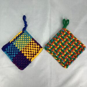 2 Fiestaware Potholder Loom Woven Handmade 100% Cotton MultiColor